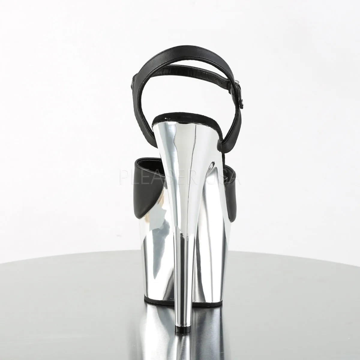 ADORE-709  Black Faux Leather/Silver Chrome