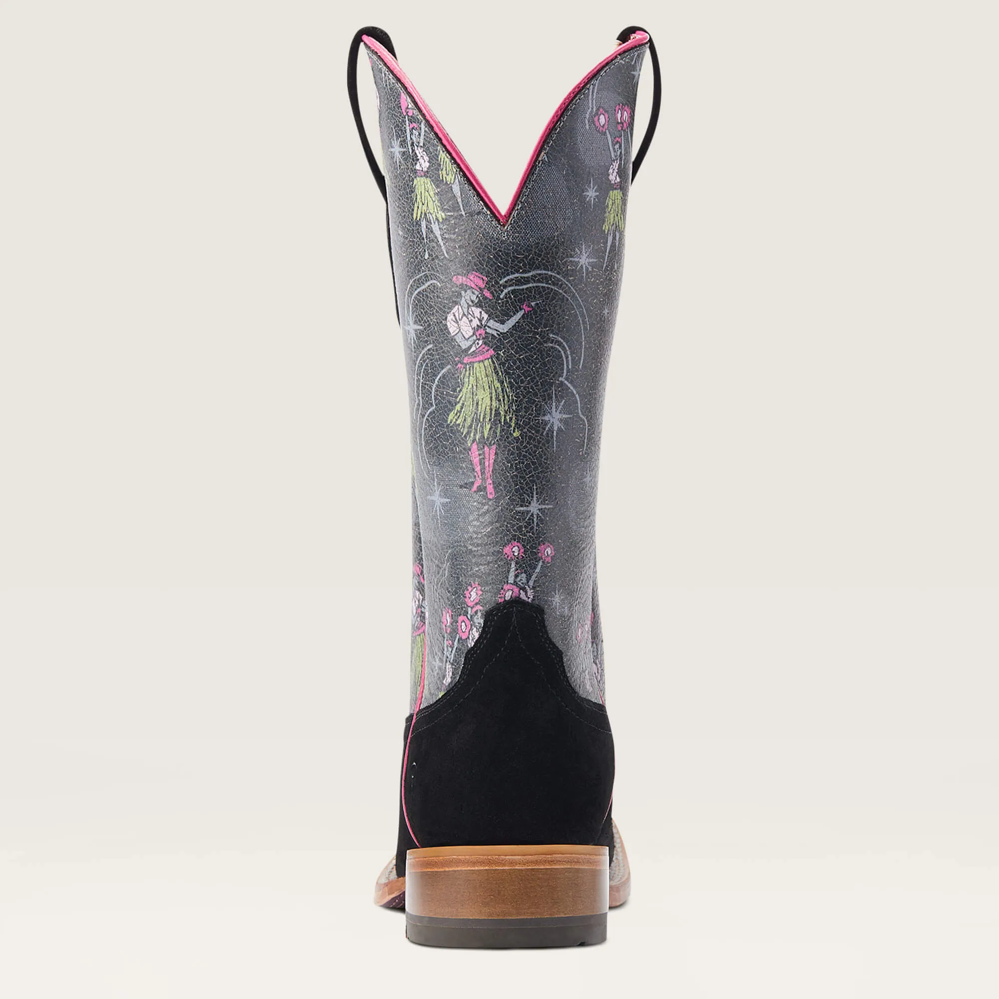 Ariat Ladies Black Roughout Frontier Western Broad Square Toe Boots with Fun Aloha Print Tops