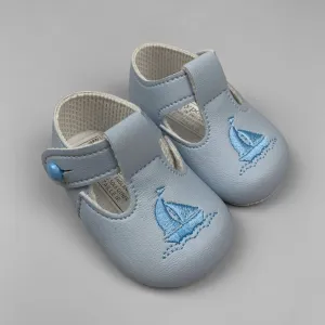 Baypods Boy Crib Shoes with Soft Sole and T Bar and Yacht Embroidery