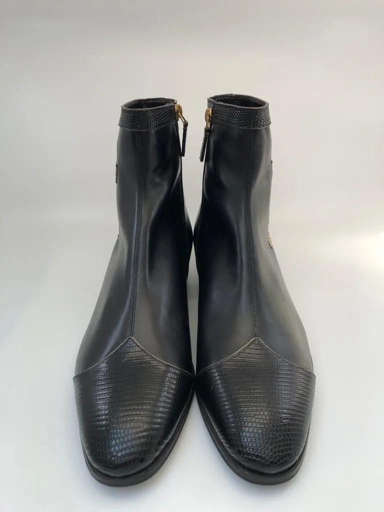 Black Leather & Lizard Elton John Zip-Up Boots