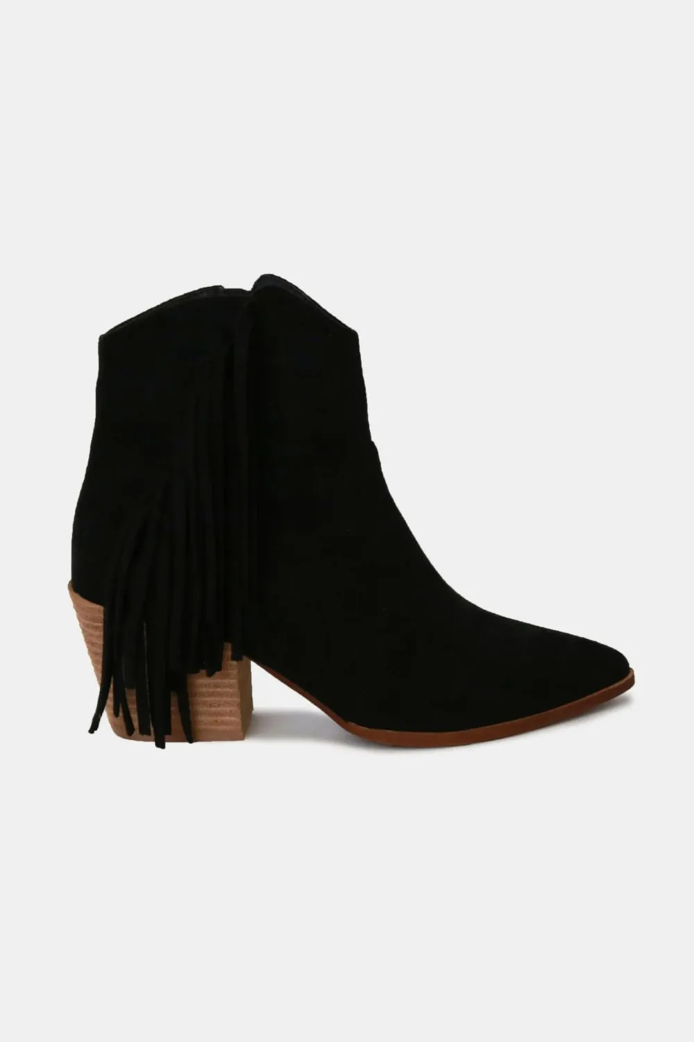 Black Suede Fringe Point Toe Ankle Boots