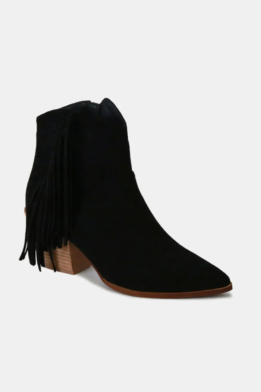 Black Suede Fringe Point Toe Ankle Boots