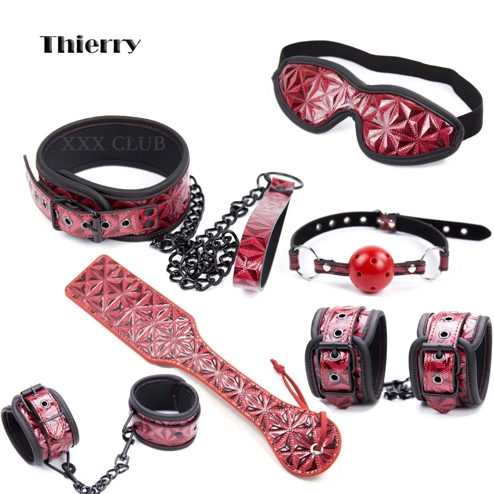 Black Tied Ultimate Bondage Kit,blindfold, ball gag, collar, wrist and ankle cuffs, paddle spanking sex toys