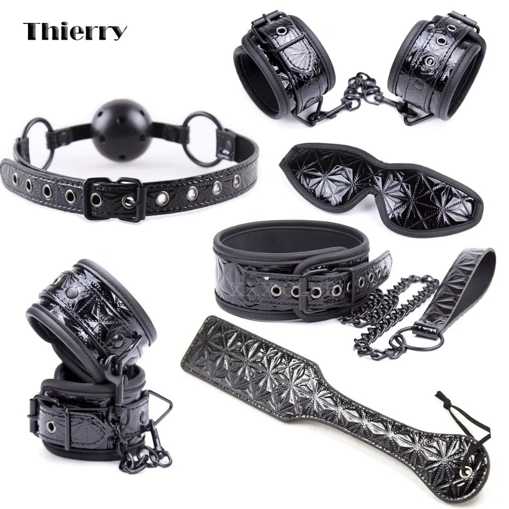 Black Tied Ultimate Bondage Kit,blindfold, ball gag, collar, wrist and ankle cuffs, paddle spanking sex toys