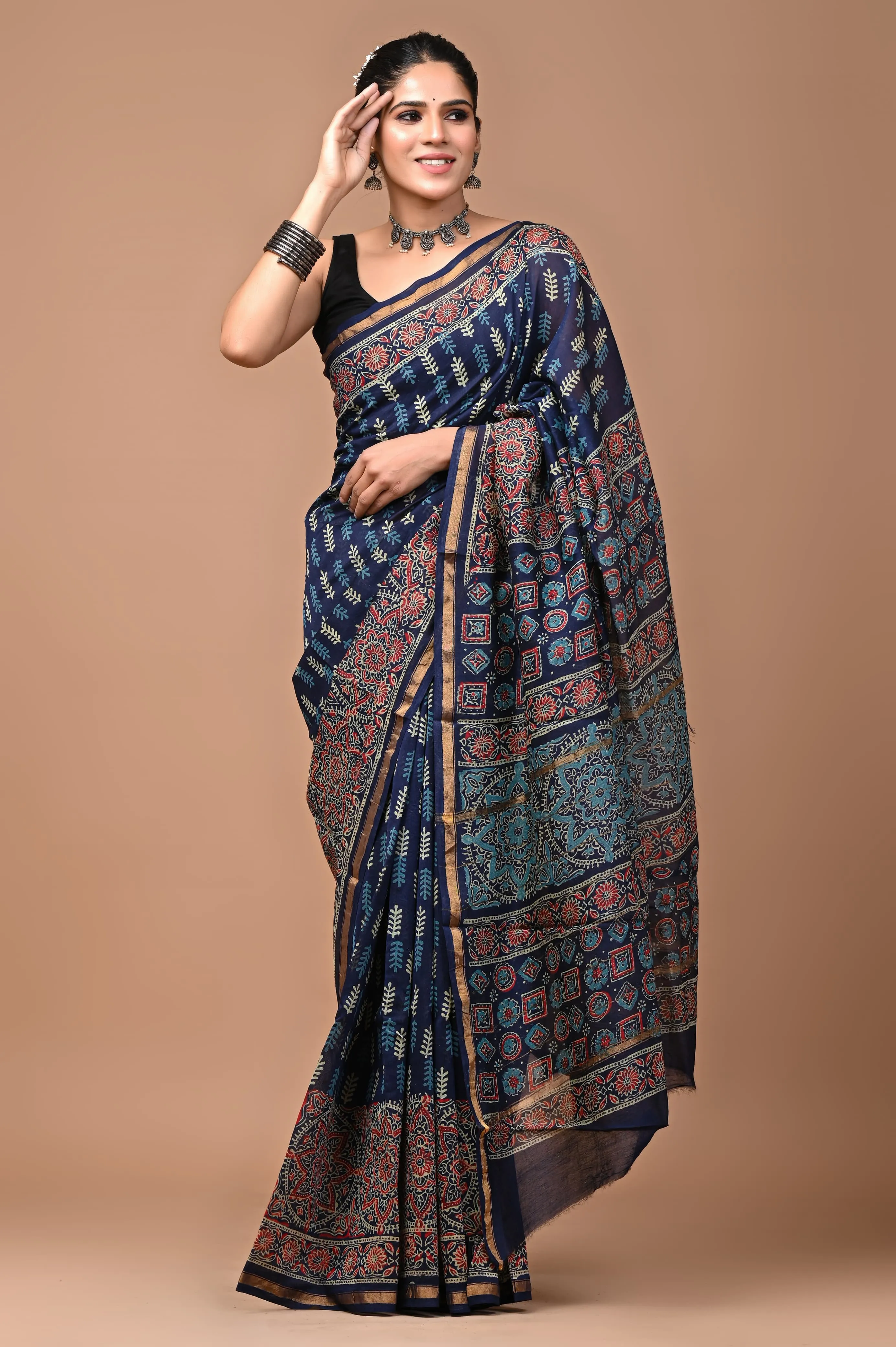 Blue Jaipuri Block Print Saree