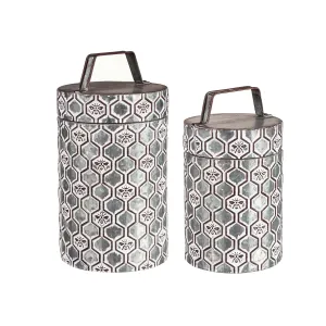 Evergreen Indoor Furniture,Embossed Metal Storage Containers, Outdoor Safe, Nested Set of 2,6.7x6.7x14.57 Inches