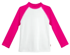 Girls UPF 50  Color Block Long Sleeve Rashguard | White with Hot Pink