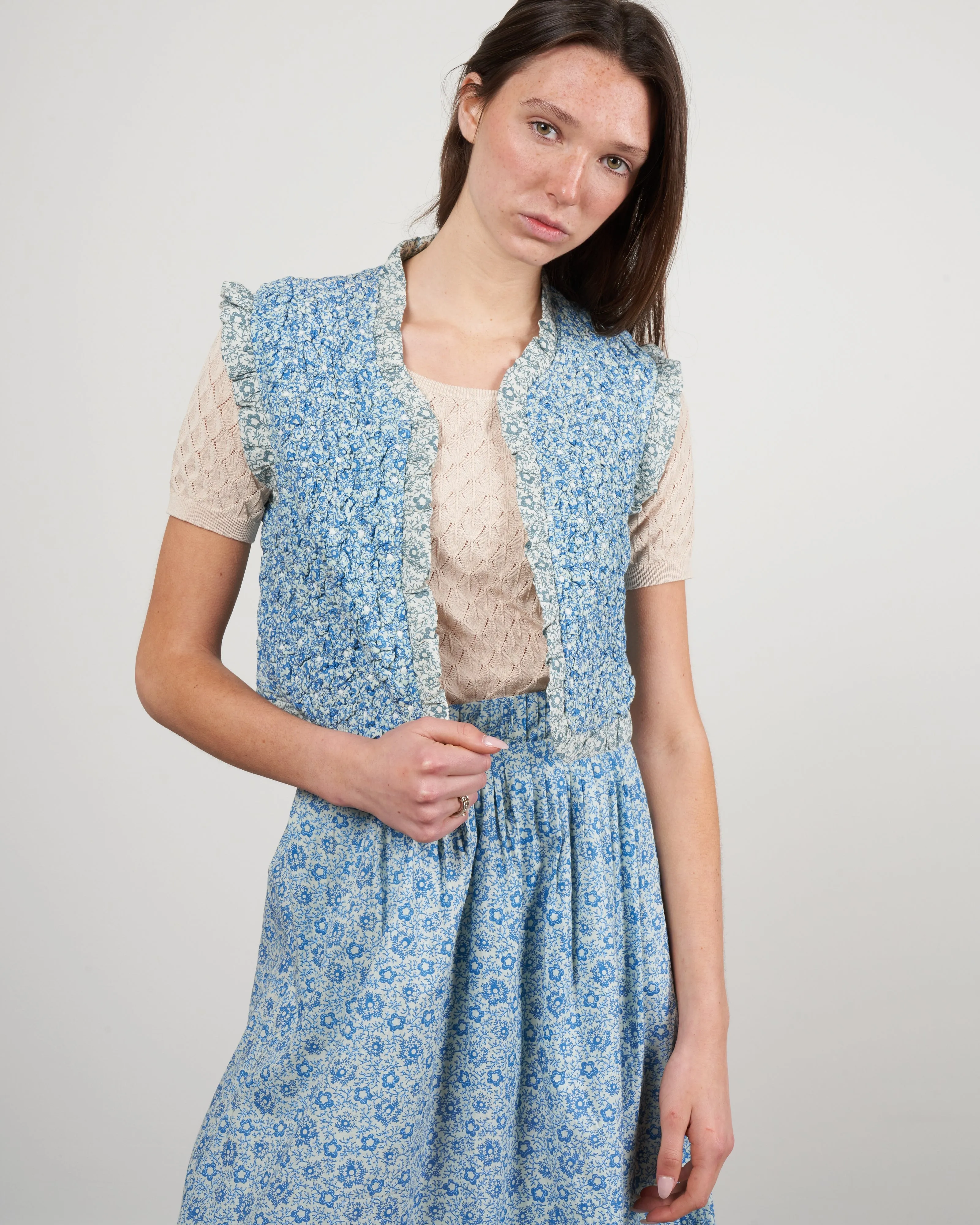 ida print quilted vest - blue