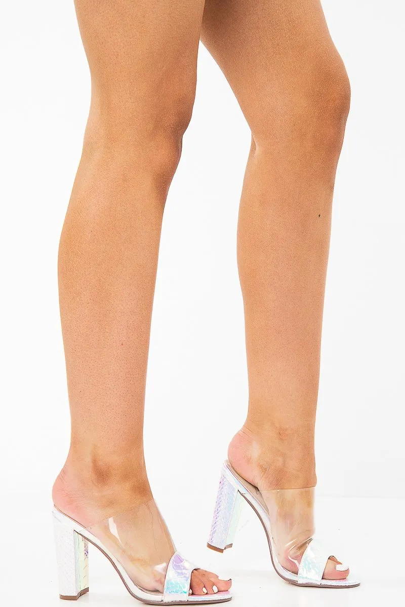 Iridescent Faux Snake Clear Strap Mule Block Heels - Faithlyn