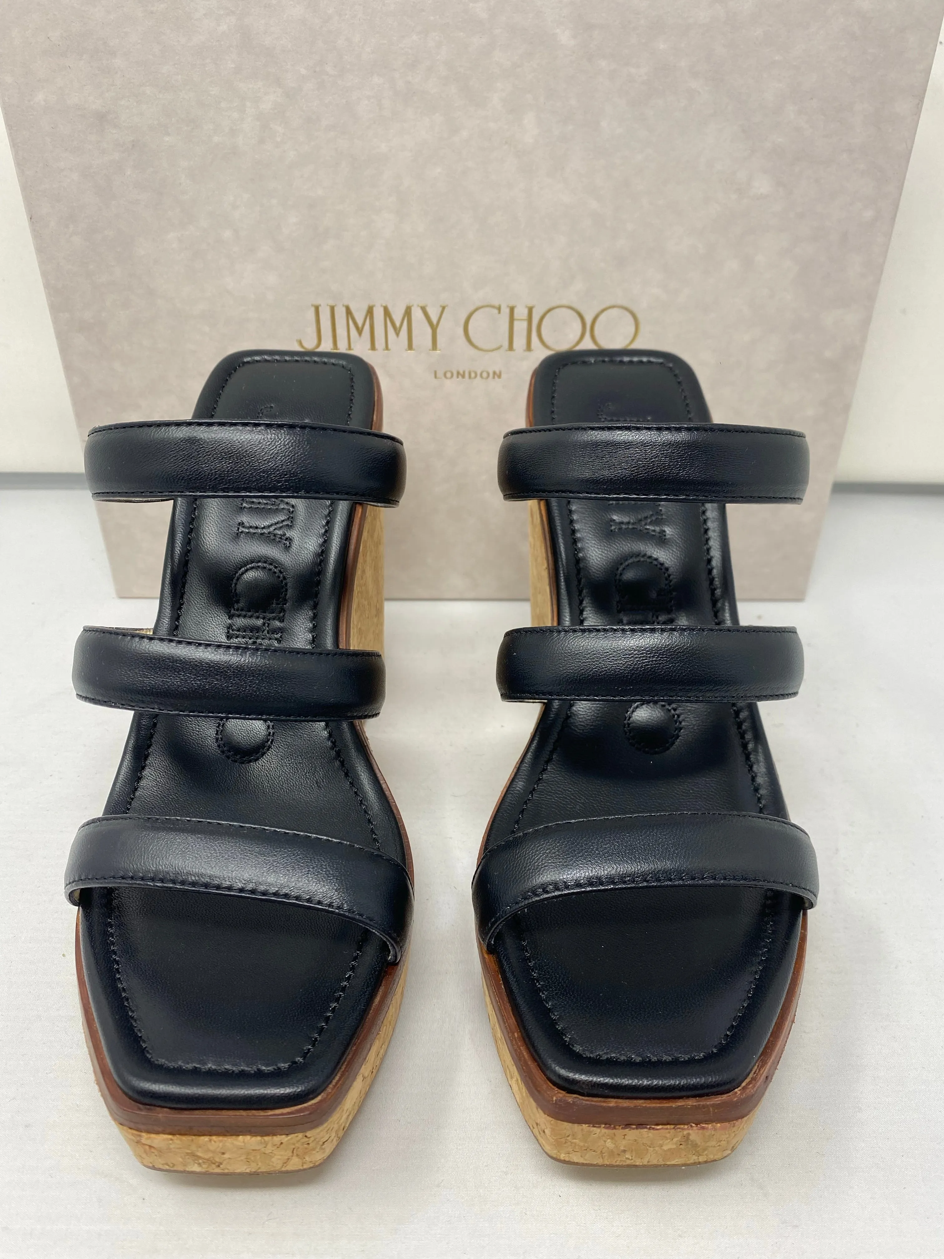 Jimmy Choo Athenia 110 Black Leather Square Toe Cork Bottom