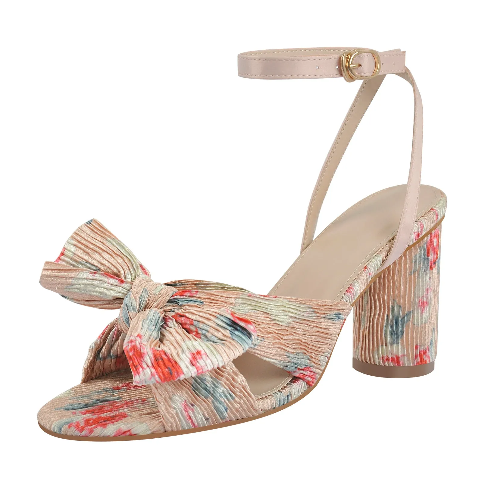 Pleated Bow Block Chunky Heel Sandals