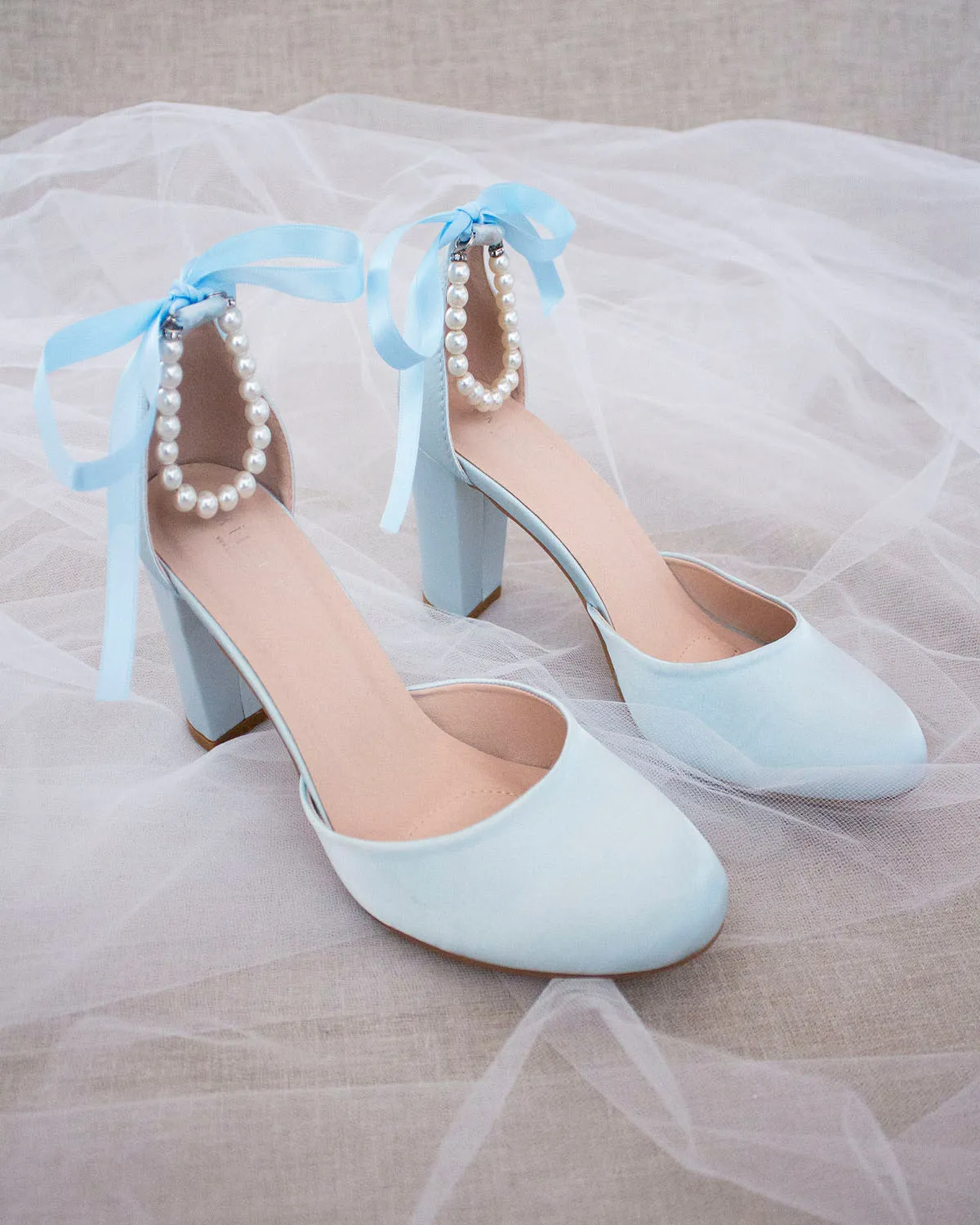 Satin Block Heel with Pearls Ankle Strap