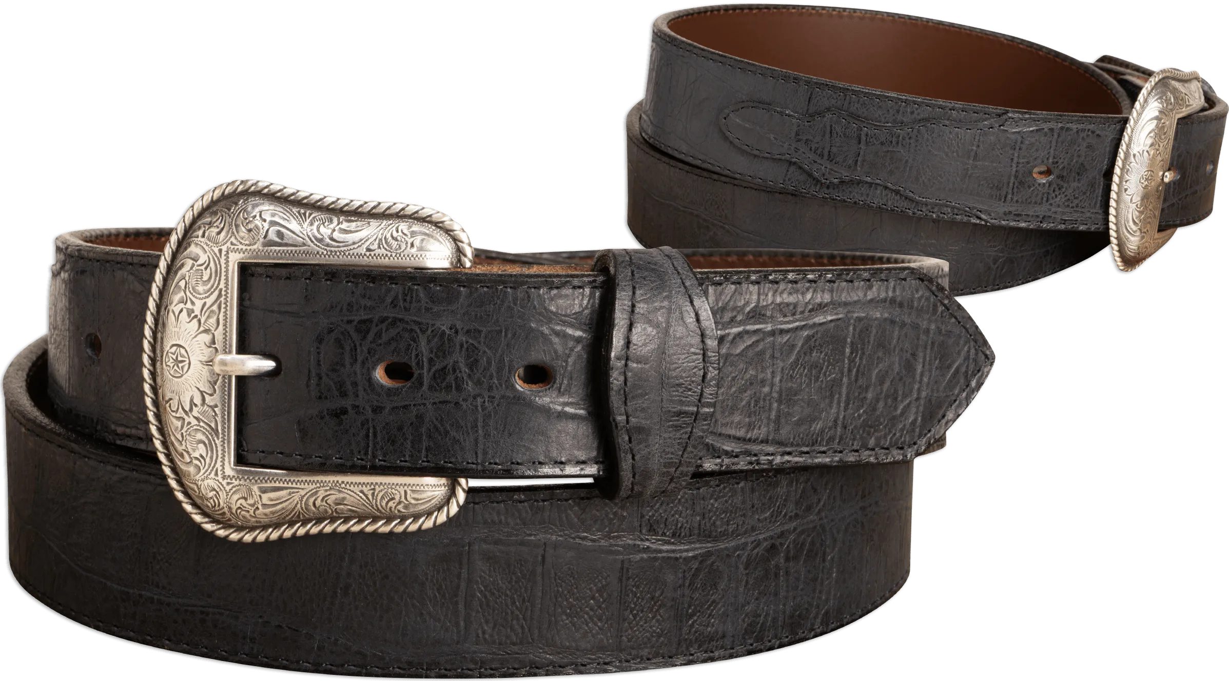 The Chomper: Men's Black Stitched Alligator Design Western Leather Belt 1.50"