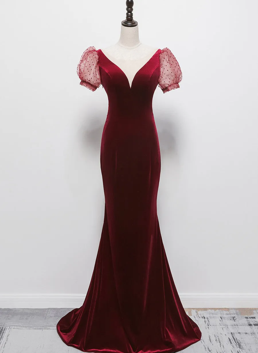 Wine Red Mermaid Velvet with Short Sleeves Formal Dress, Wine Red Evening Dress