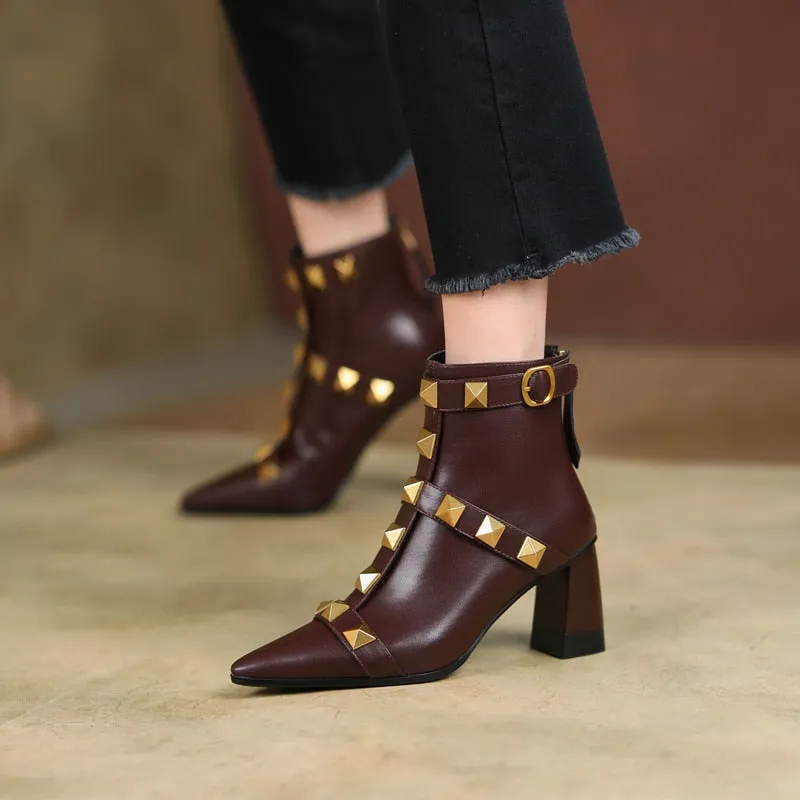 Women Genuine Leather Thick Heel Rivet Short Boots