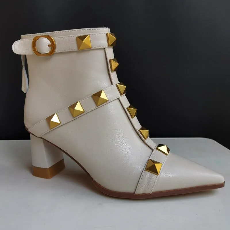 Women Genuine Leather Thick Heel Rivet Short Boots
