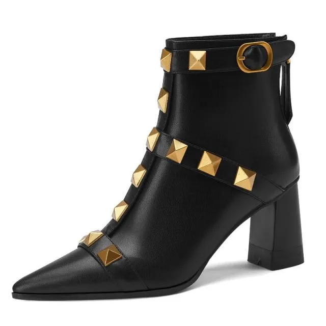 Women Genuine Leather Thick Heel Rivet Short Boots