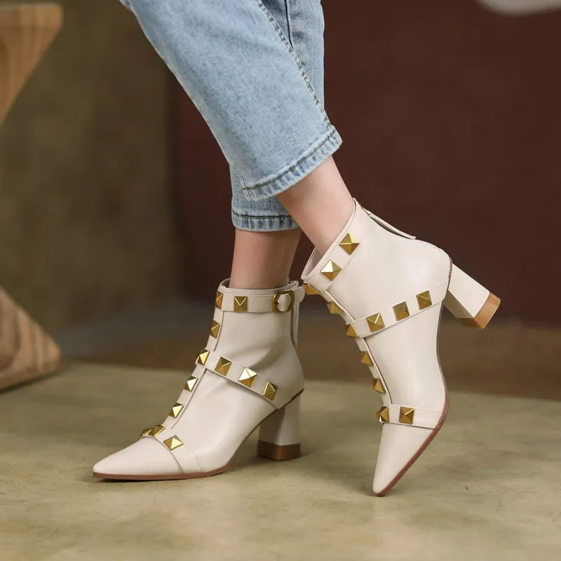 Women Genuine Leather Thick Heel Rivet Short Boots