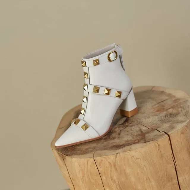 Women Genuine Leather Thick Heel Rivet Short Boots