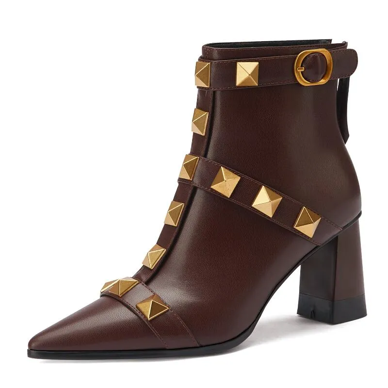 Women Genuine Leather Thick Heel Rivet Short Boots
