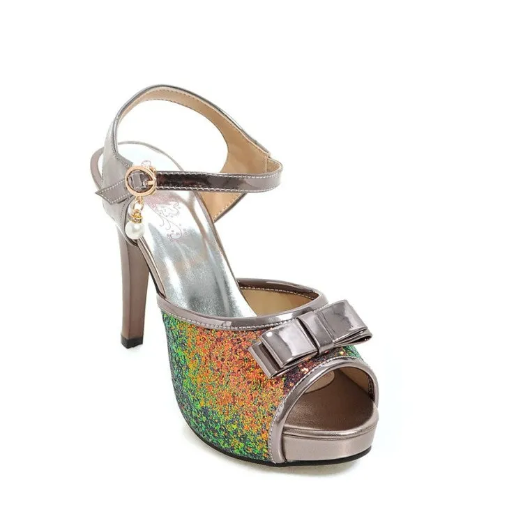 Women's Butterfly Knot Color Block Sequins Stiletto High Heel Platform Sandals
