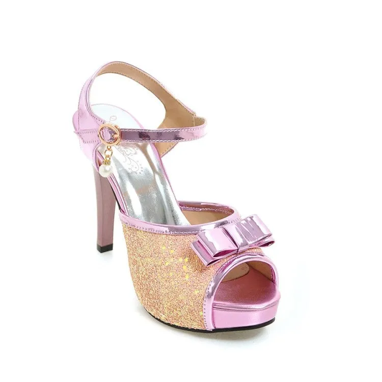 Women's Butterfly Knot Color Block Sequins Stiletto High Heel Platform Sandals