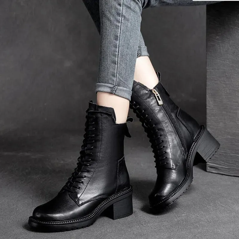 Women's Genuine Leather Quality Boots Autumn Winter Square Heel Ankle Boots Lace Up & Zipper