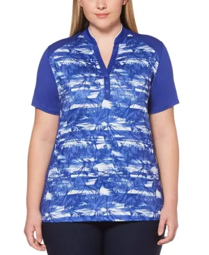 Womens Plus Ventilated Tropical Print Mock Polo
