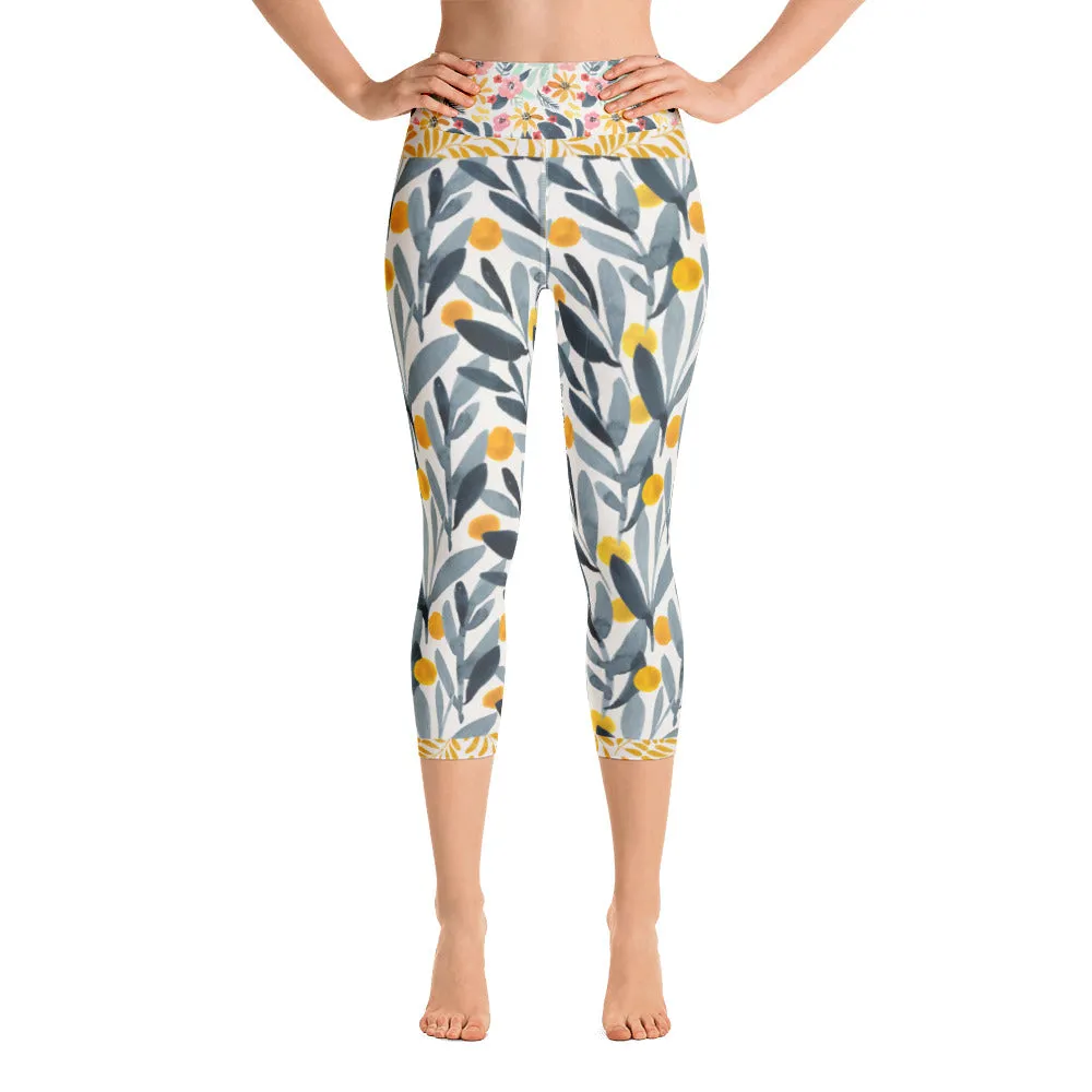 Yellow and Grey Watercolors - Yoga Capri Leggings