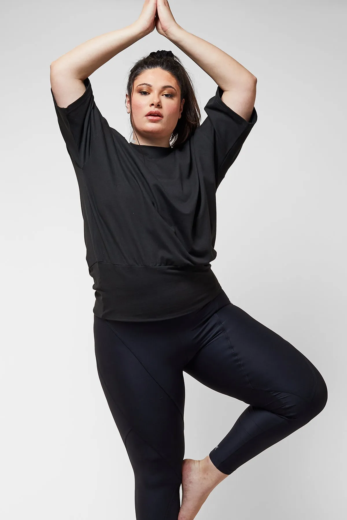 Yoga Elbow Sleeve Top with Cuffed Waistband Black